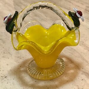 Hand Blown Decorative Glass Basket in Yellow